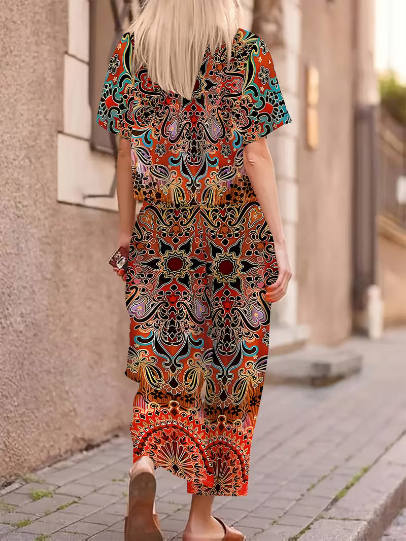 Women'S Fashionable Retro Color Block Print Top and Shorts Set