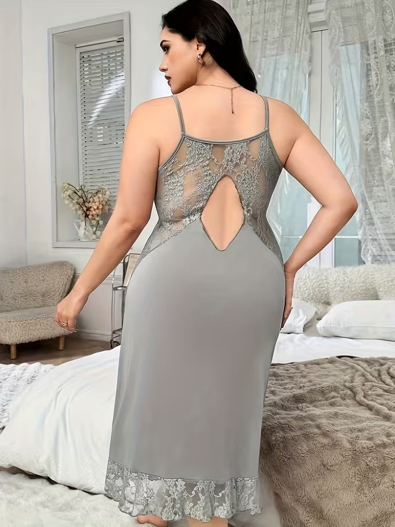 Women's Solid Color Elegant Soft Comfortable Lace Trimmed Hollow Backless Spaghetti Strap Nightgown Home Dress
