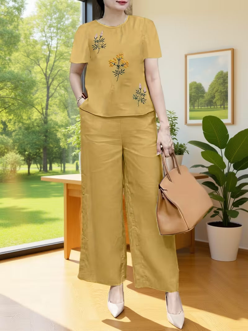Women 2pcs Casual Floral Embroidered Short Sleeve Yellow