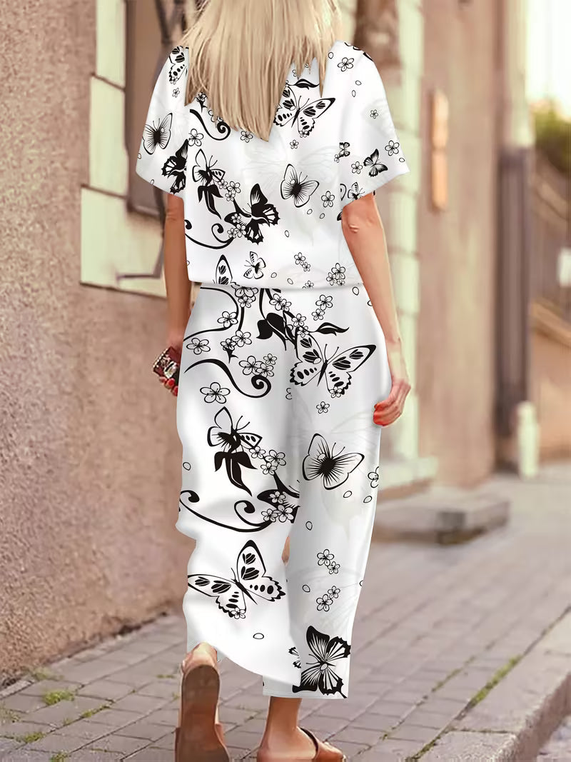Women's fashionable and youthful black-and-white butterfly print splicing pattern