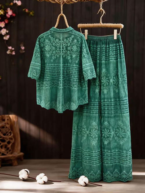 Arrival Short-Sleeve Shirt and Long Pants 2pcs Set. Elegant Lapel Collar Short-sleeve Shirt with Single-breasted Button Design and Open Front