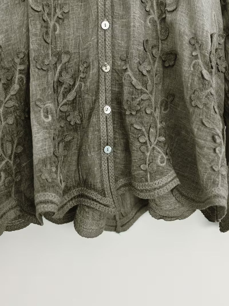 Vintage Artistic Style 2pcs Set with Botanical Embroidery, Featuring a Gentle Lapel Open-Front Long-Sleeve Top and Flared Pants with a Draped