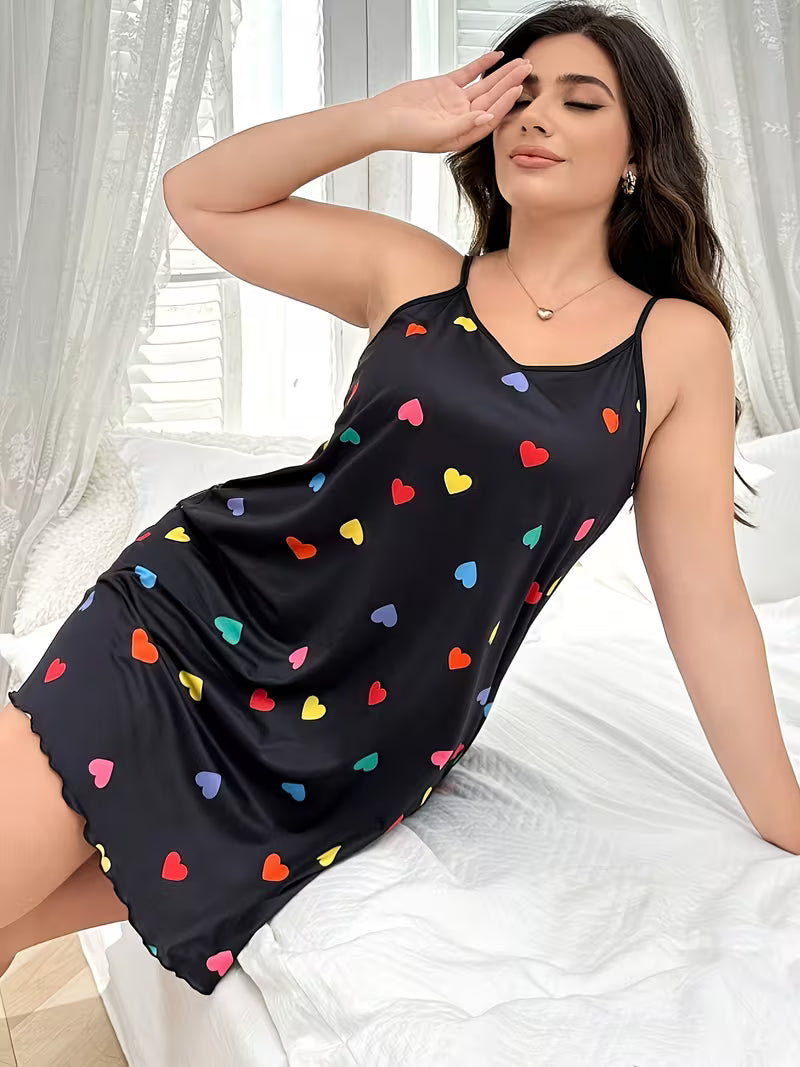 Colorful Heart-print Camisole Nightgown, Casual and Stylish, Suitable for Daily Wear