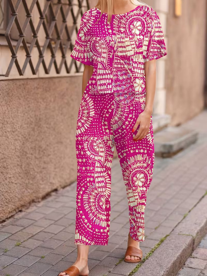 Short Sleeve T-Shirt + Long Pants, All-Over Print Vacation Style Fashion Outfit