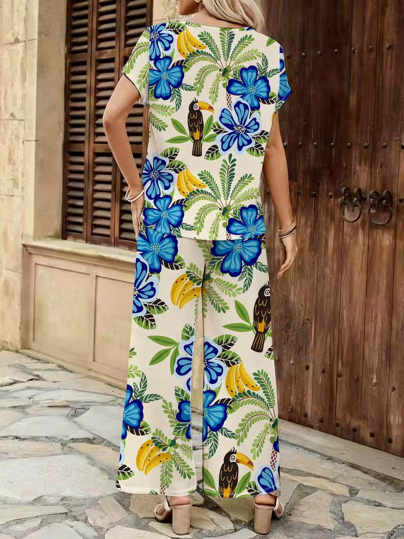 Summer Fashion Pants Set Casual Short Sleeve T-Shirt with Floral Tropical Print And Matching Printed Wide Leg Pants 2pcs Outfit