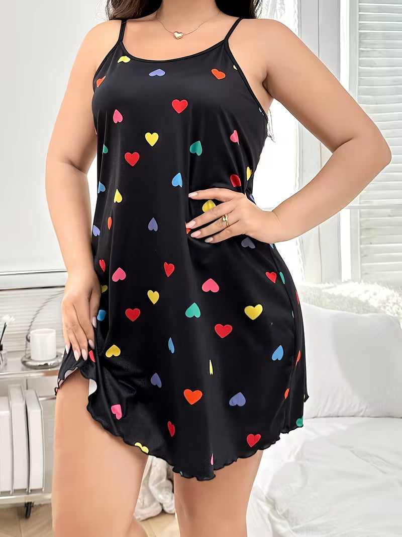 Colorful Heart-print Camisole Nightgown, Casual and Stylish, Suitable for Daily Wear
