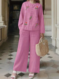 New Women's Daily Casual Solid Embroidered Top Wide-Leg Pants Set Pink