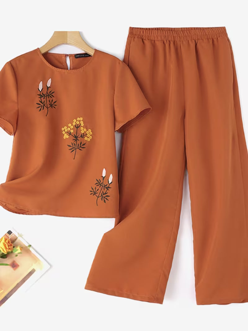Women 2pcs Casual Floral Embroidered Short Sleeve Orange