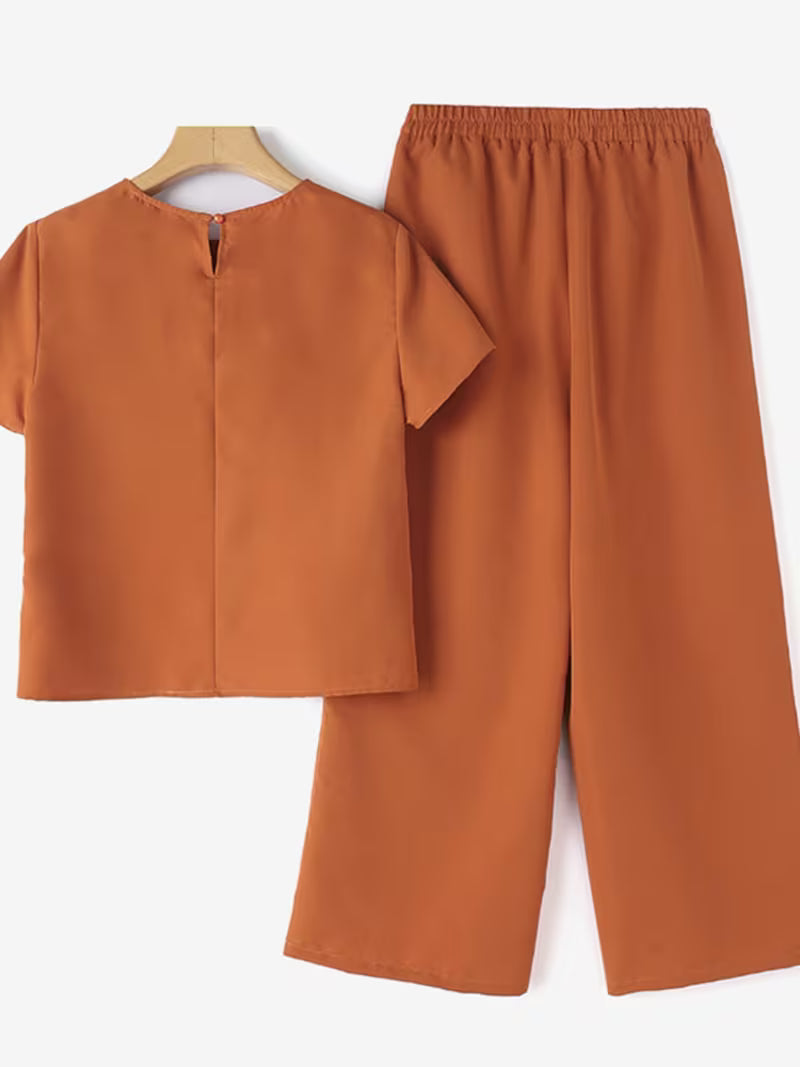 Women 2pcs Casual Floral Embroidered Short Sleeve Orange