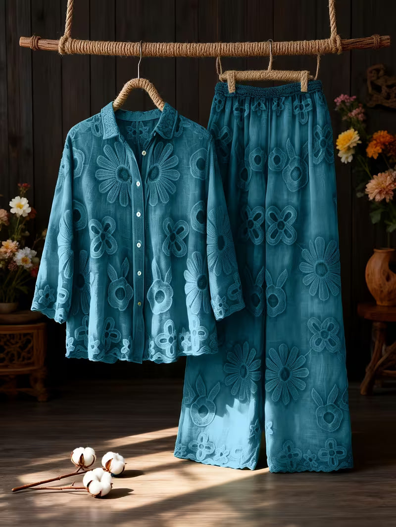 New Arrival Shirt and Pants 2pcs Set, Heavy Embroidered Floral Detailing