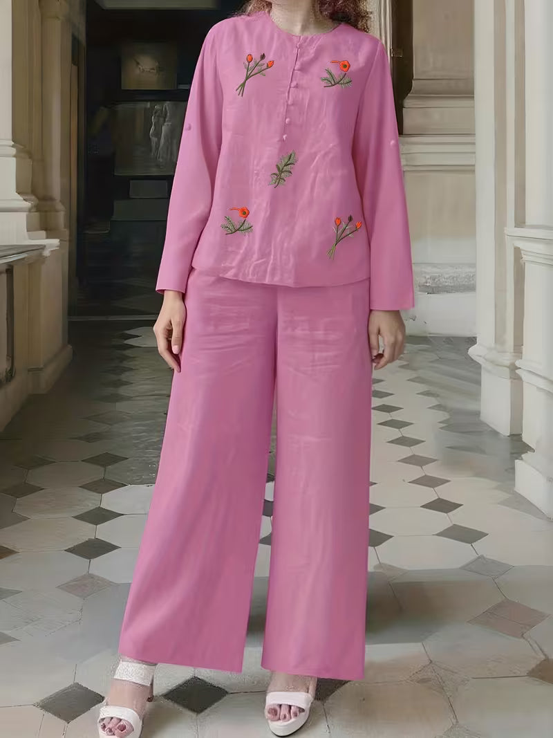 New Women's Daily Casual Solid Embroidered Top Wide-Leg Pants Set Pink