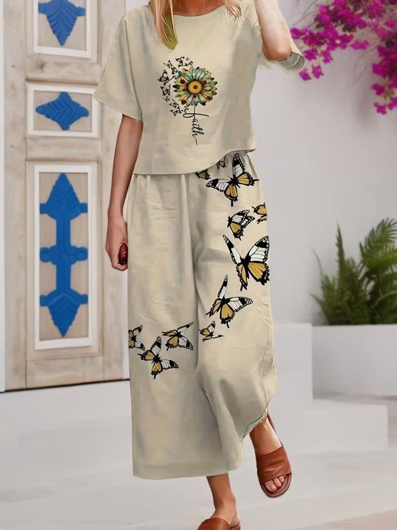 Floral Print Short-Sleeved Trousers Casual Comfortable Women's Suit