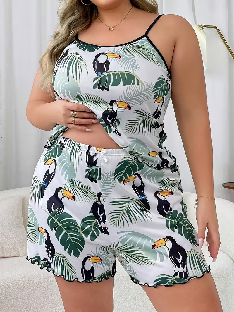 Pajamas Women'S Suspender Shorts Floral Print Casual Set Plus Home Wear
