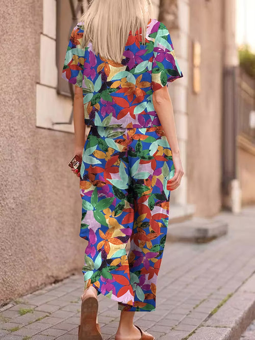 Lightweight Texture Set: Short Sleeve T-Shirt + Long Pants, Colorful Leaf Print Vacation Style Fashion Outfit
