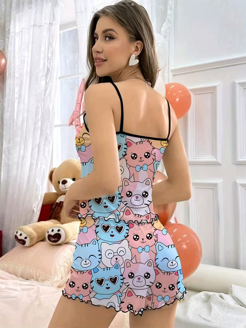 Women's Cat Cartoon Strappy Shorts Pajama Set