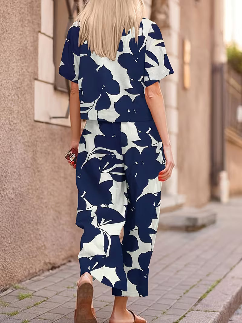 Short-Sleeved Top And Long Pants with Leaf Print for Daily Commute