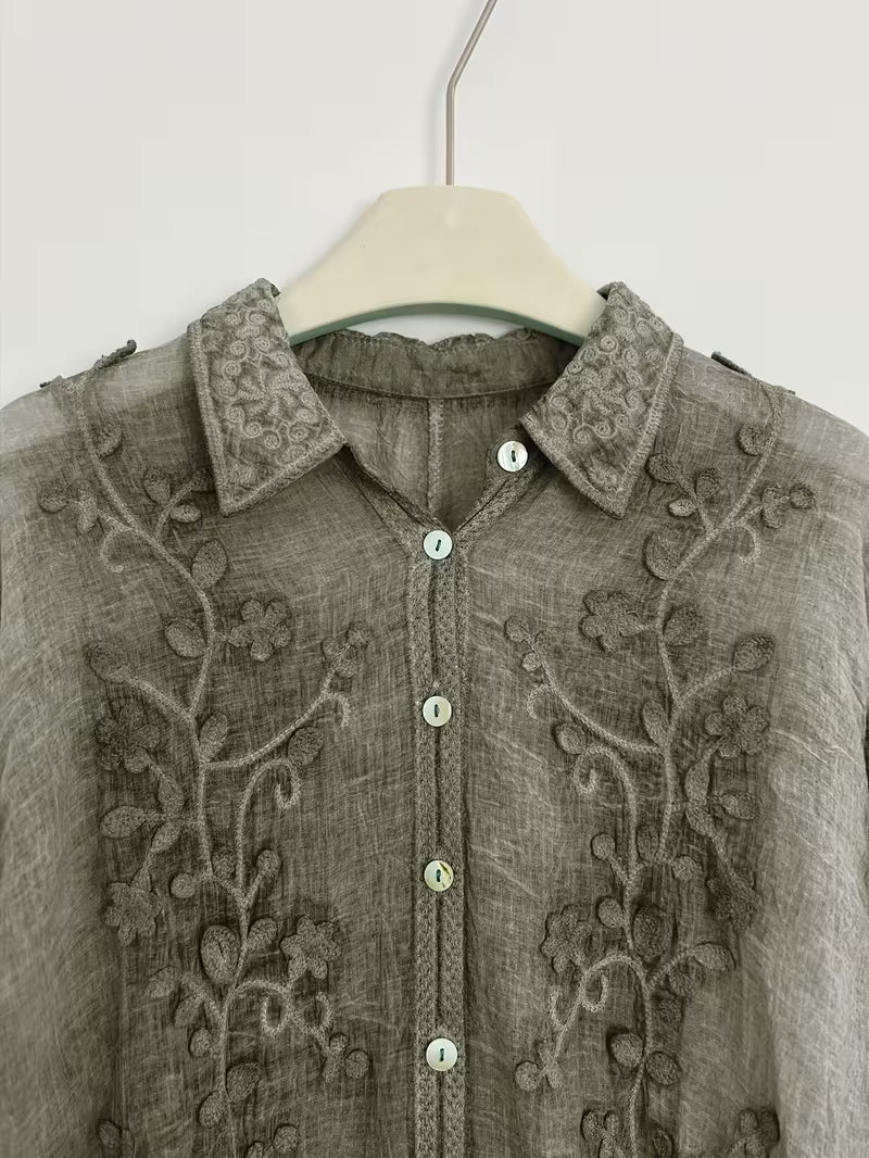 Vintage Artistic Style 2pcs Set with Botanical Embroidery, Featuring a Gentle Lapel Open-Front Long-Sleeve Top and Flared Pants with a Draped