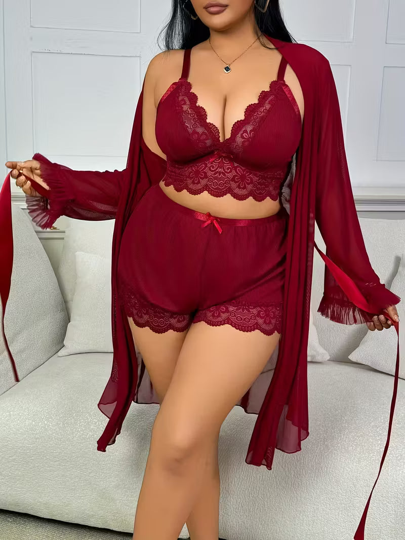 Sexy Lace Camisole Nightgown with Lace Trim, Floral Lace Long-Sleeve Mesh 3pcs Set with Suspender Shorts