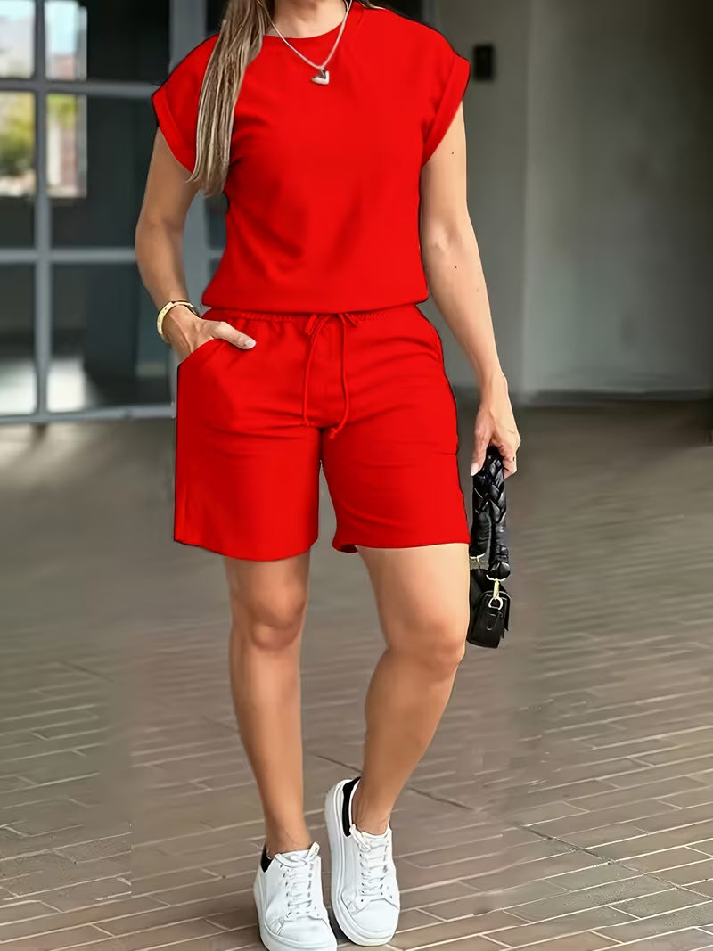 Spring And Summer Fashion Rolled-Up Sleeve Shorts Two-Piece Set Orange