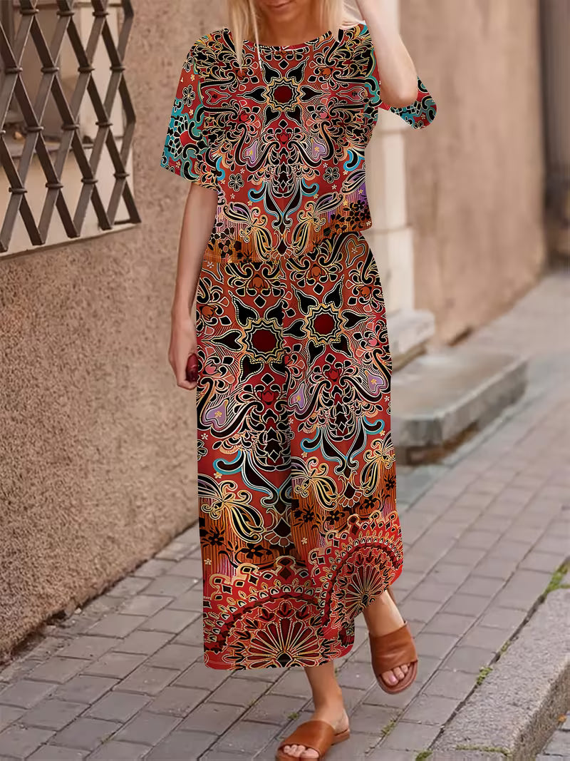 Women'S Fashionable Retro Color Block Print Top and Shorts Set