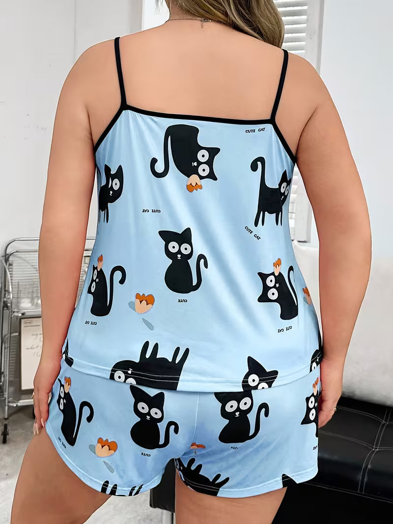 Cartoon Cat Print Camisole Sleepwear Set, Spring/Summer Blue
