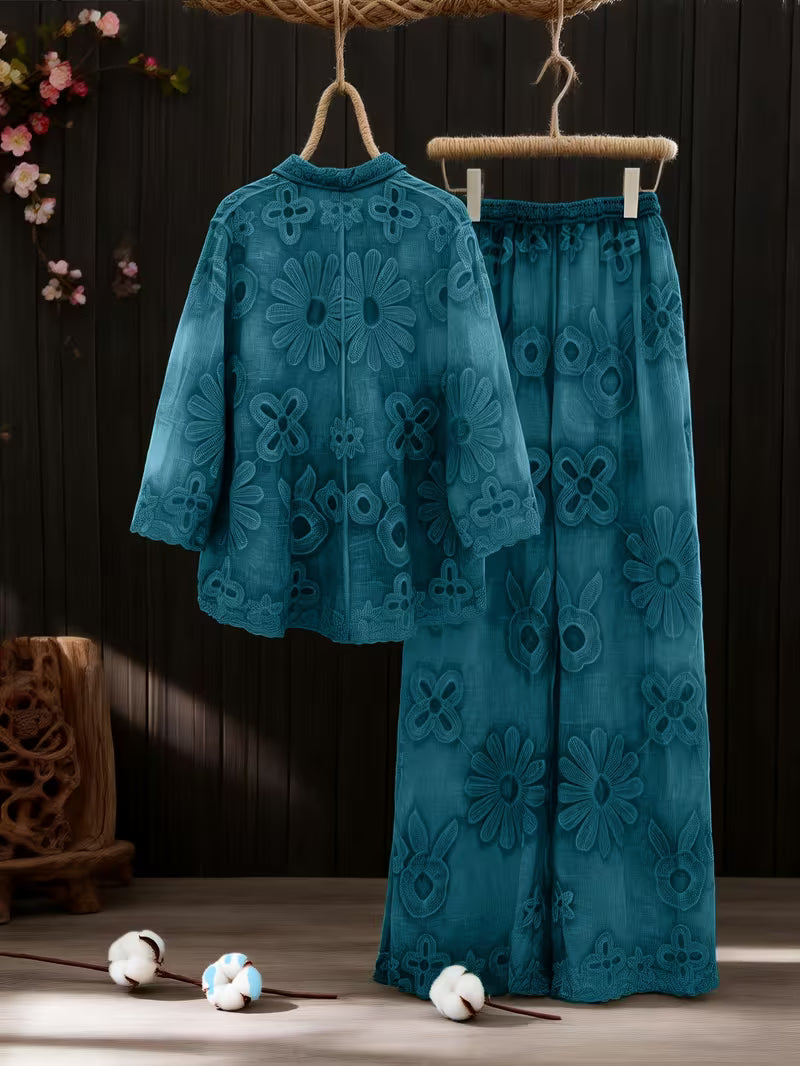 New Arrival Shirt and Pants 2pcs Set, Heavy Embroidered Floral Detailing