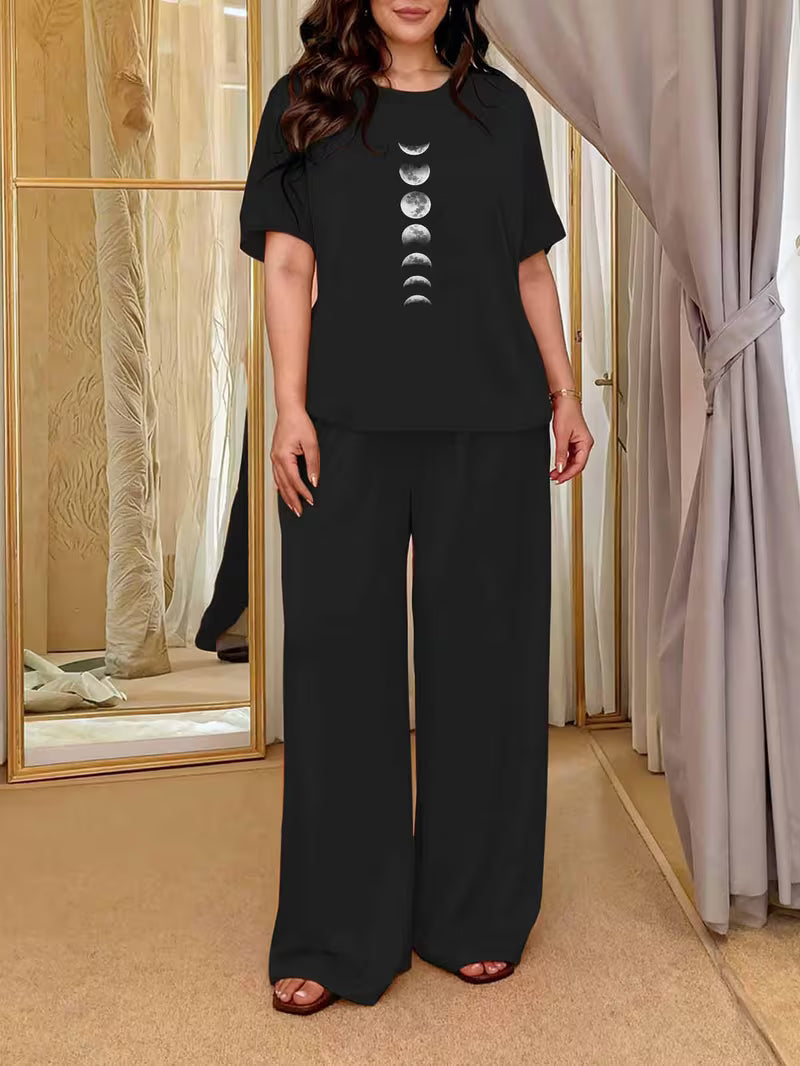Trendy Lunar Phase Short Sleeve & Long Pants Set Fashionable Eye-catching Minimalist Bohemian Casual Two-piece Black
