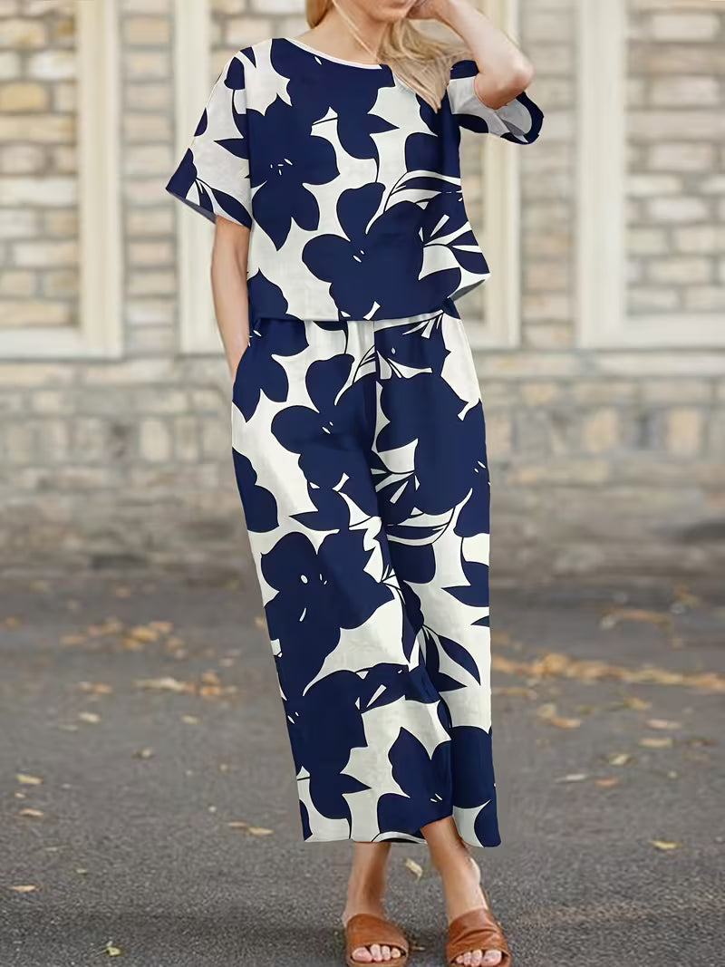 Short-Sleeved Top And Long Pants with Leaf Print for Daily Commute