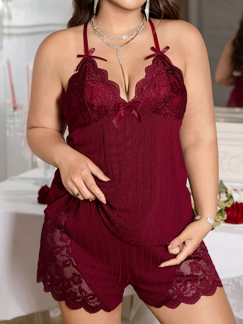 Women's Brick Red Lace Camisole Pajama Set with Bow Decoration Sexy Shorts 2pcs Set