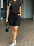 Spring And Summer Fashion Rolled-Up Sleeve Shorts Two-Piece Set Black