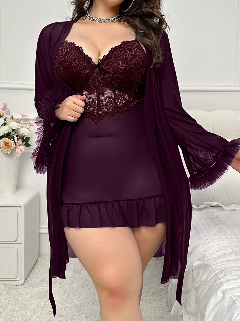 Women's Purple Lace Camisole Two-Piece Set Maroon