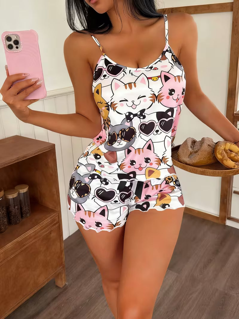 2pcs Women Cartoon Cat Print Pajama Set | Cute Strapless Design, All-Season Comfort, Perfect For Adults
