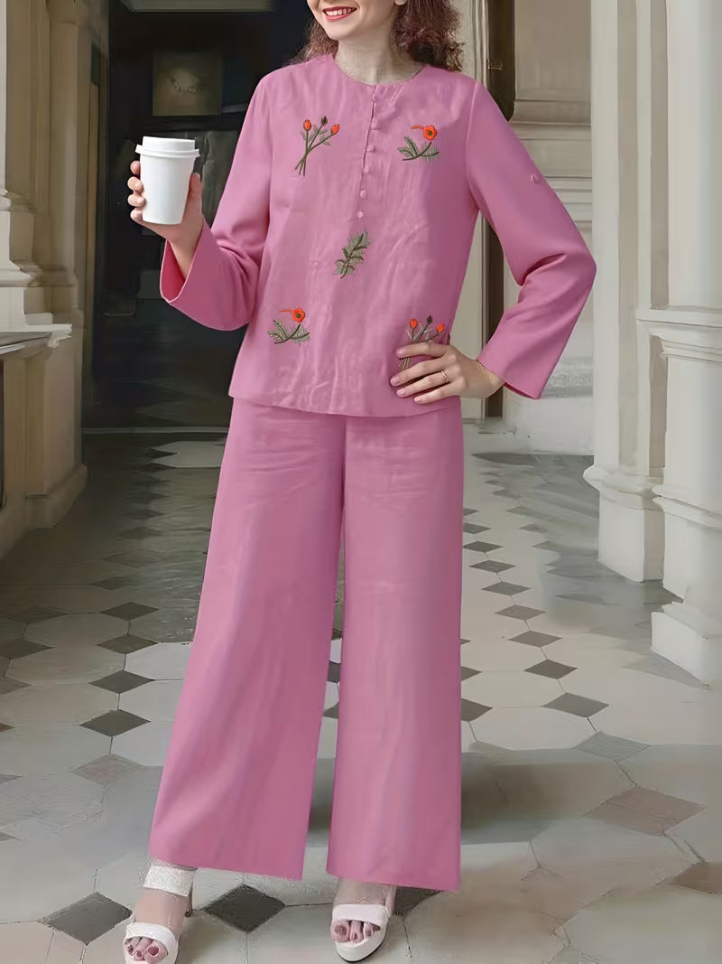 New Women's Daily Casual Solid Embroidered Top Wide-Leg Pants Set Pink