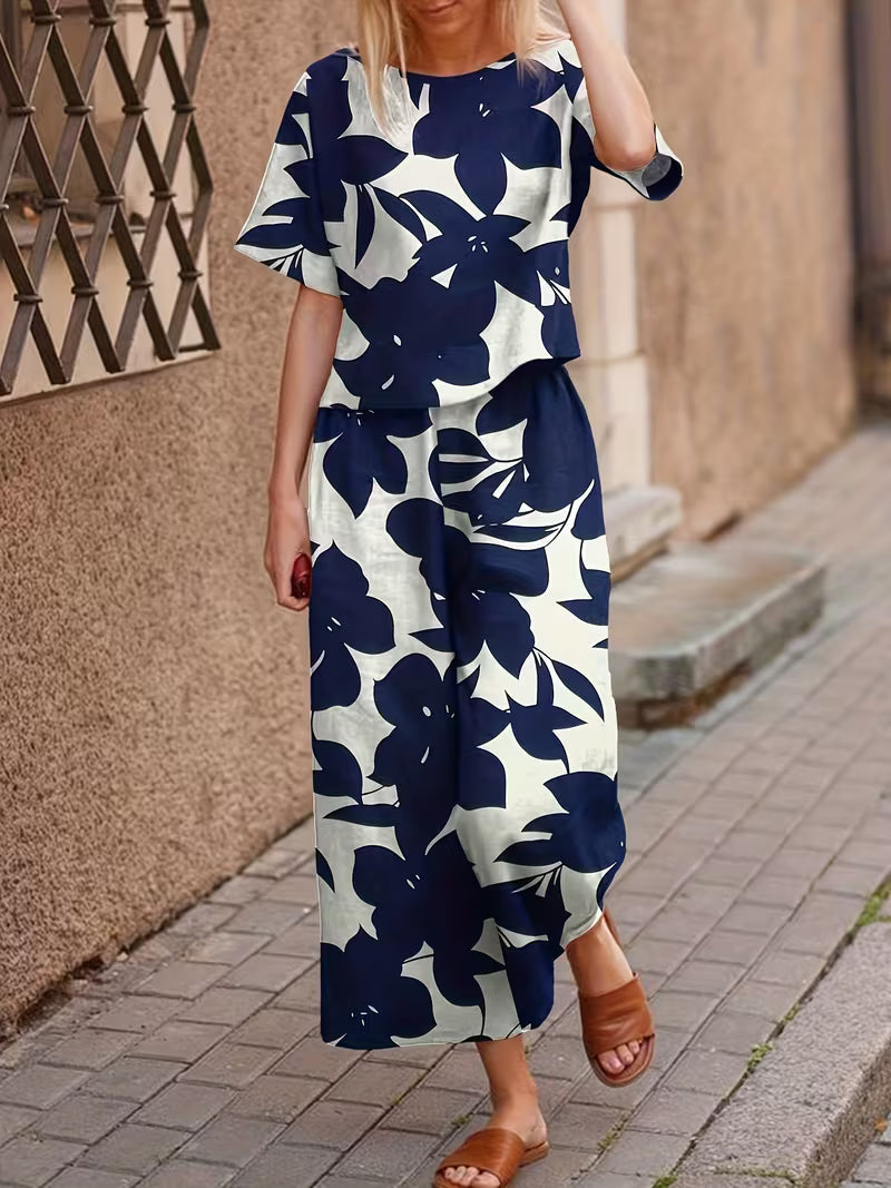 Short-Sleeved Top And Long Pants with Leaf Print for Daily Commute