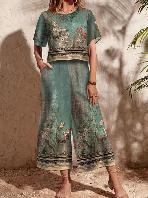ersatile vacation outfit with floral print, round-neck short top and comfortable loose wide-leg pants featuring elastic waistband