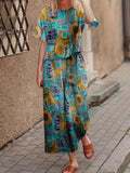 Plus-Size Short-Sleeved Two-Piece Set for Outerwear, Featuring an Ethnic-Style Printed Pants And Top Suit