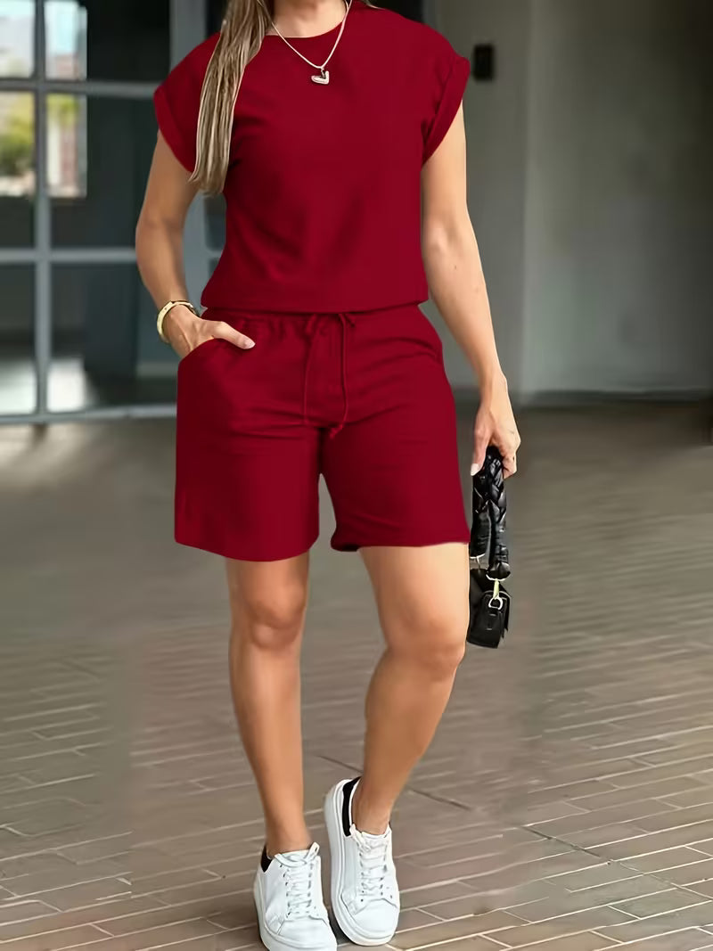 Spring And Summer Fashion Rolled-Up Sleeve Shorts Two-Piece Set Red