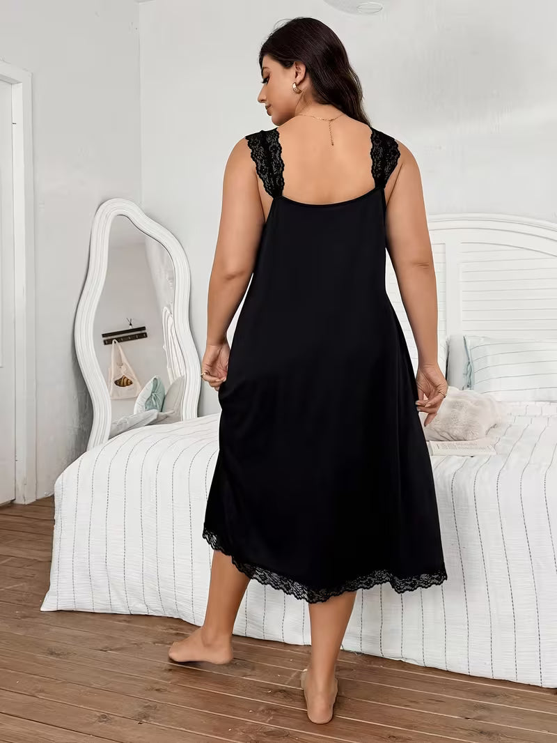 Women's Black Lace Trim Nightgown, Spaghetti Strap Bow Decor Midi Sleep Dress