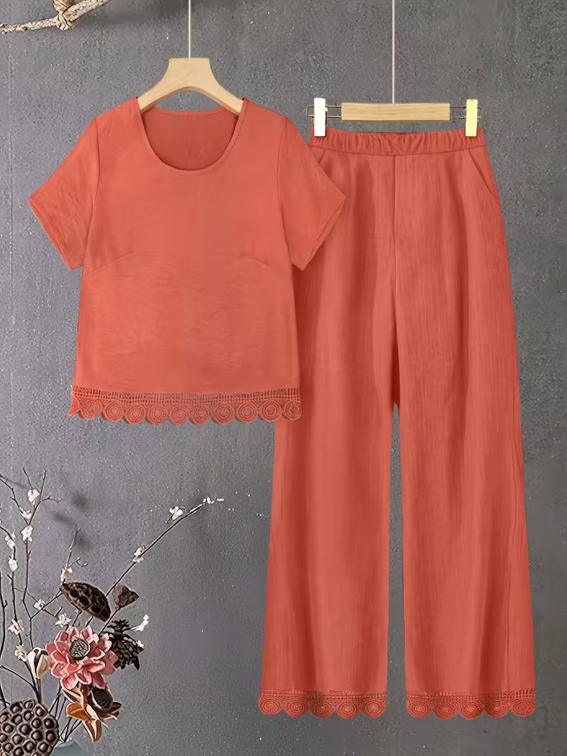Summer Outfit with Lace Patchwork Top And Pants, Casual And Comfortable