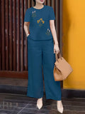 Women 2pcs Casual Floral Embroidered Short Sleeve Navy