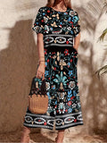versatile vacation outfit with floral print, round-neck short top and comfortable loose wide-leg pants featuring elastic waistband