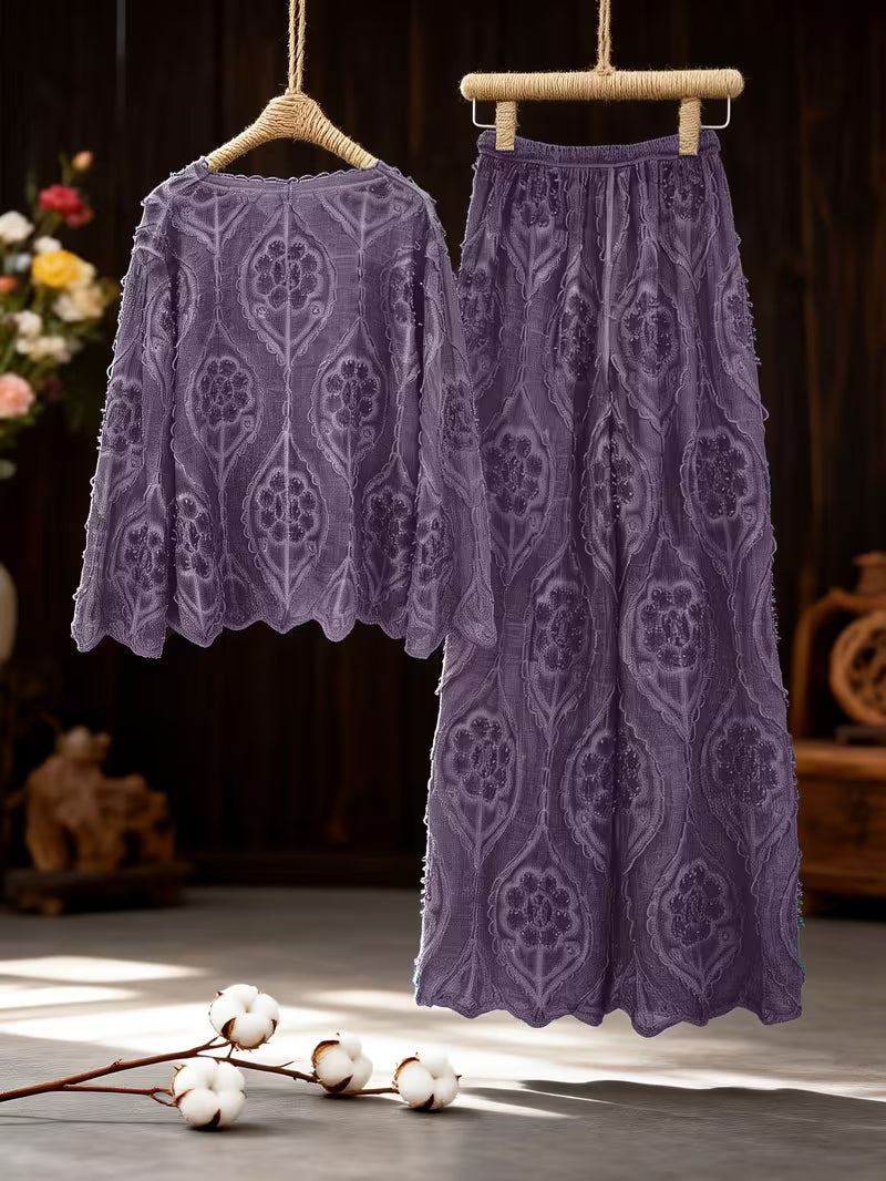 Two-Piece Set Featuring a Vintage Gentle Style with a Delicate Single-Breasted V-Neck Long-Sleeve Cardigan Shirt And Matching Elastic Waist Draped Pants