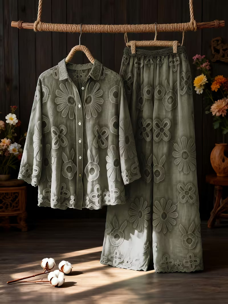 New Arrival Shirt and Pants 2pcs Set, Heavy Embroidered Floral Detailing, Distressed Washed Finish