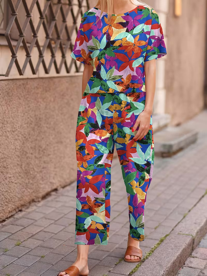 Short Sleeve T-Shirt + Long Pants, Colorful Leaf Print Vacation Style Fashion Outfit