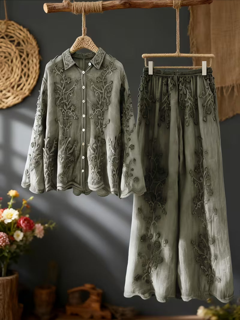 Vintage Artistic Style 2pcs Set with Botanical Embroidery, Featuring a Gentle Lapel Open-Front Long-Sleeve Top and Flared Pants with a Draped