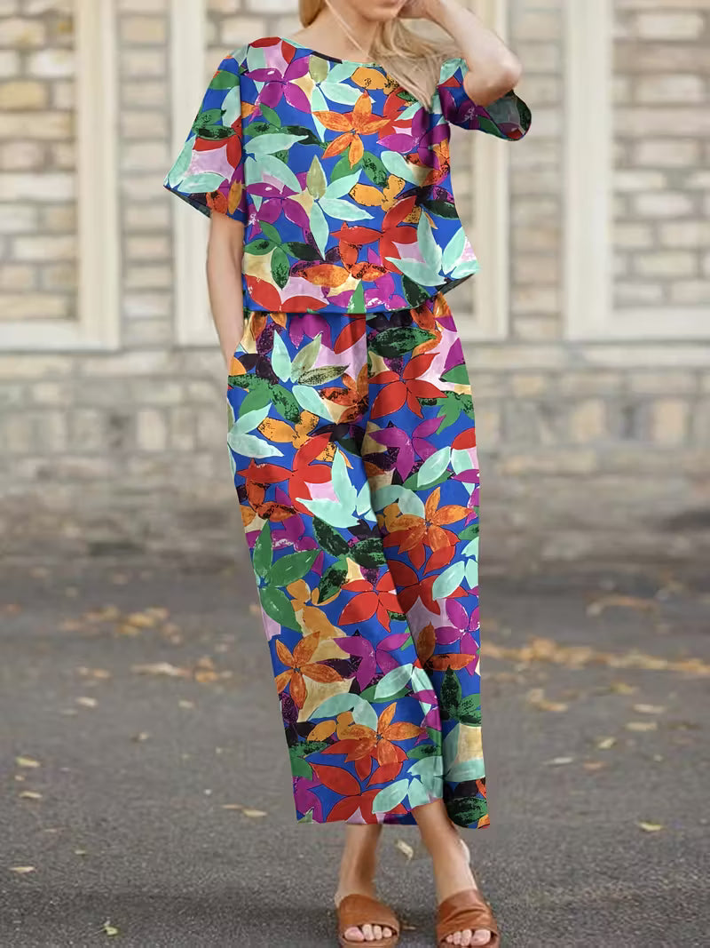 Lightweight Texture Set: Short Sleeve T-Shirt + Long Pants, Colorful Leaf Print Vacation Style Fashion Outfit