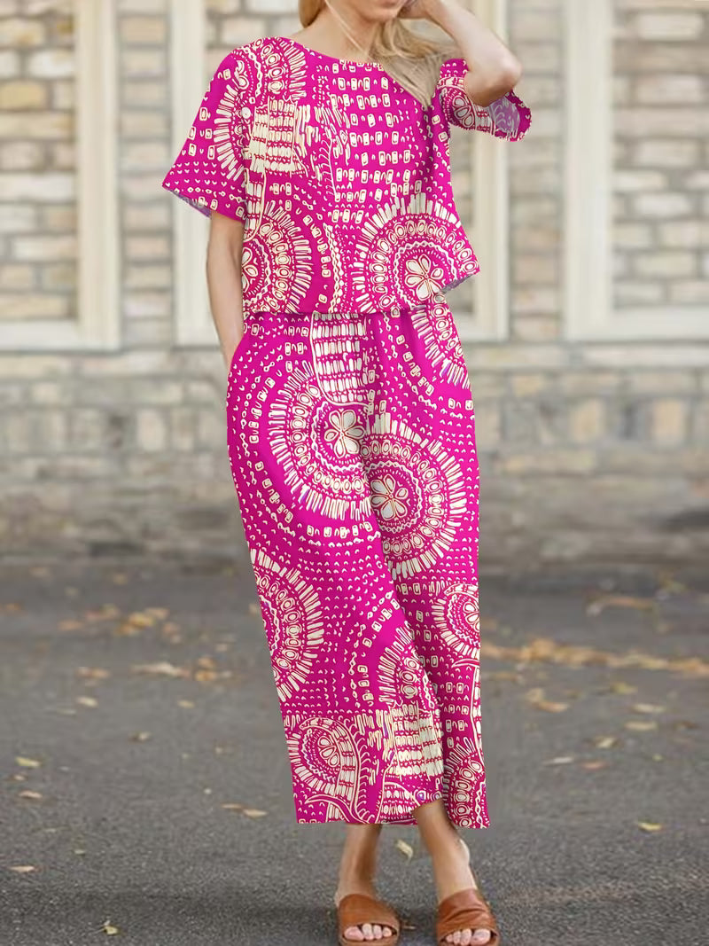 Short Sleeve T-Shirt + Long Pants, All-Over Print Vacation Style Fashion Outfit