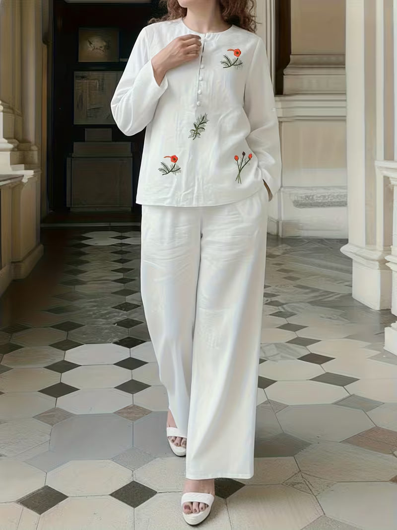 New Women's Daily Casual Solid Embroidered Top Wide-Leg Pants Set White