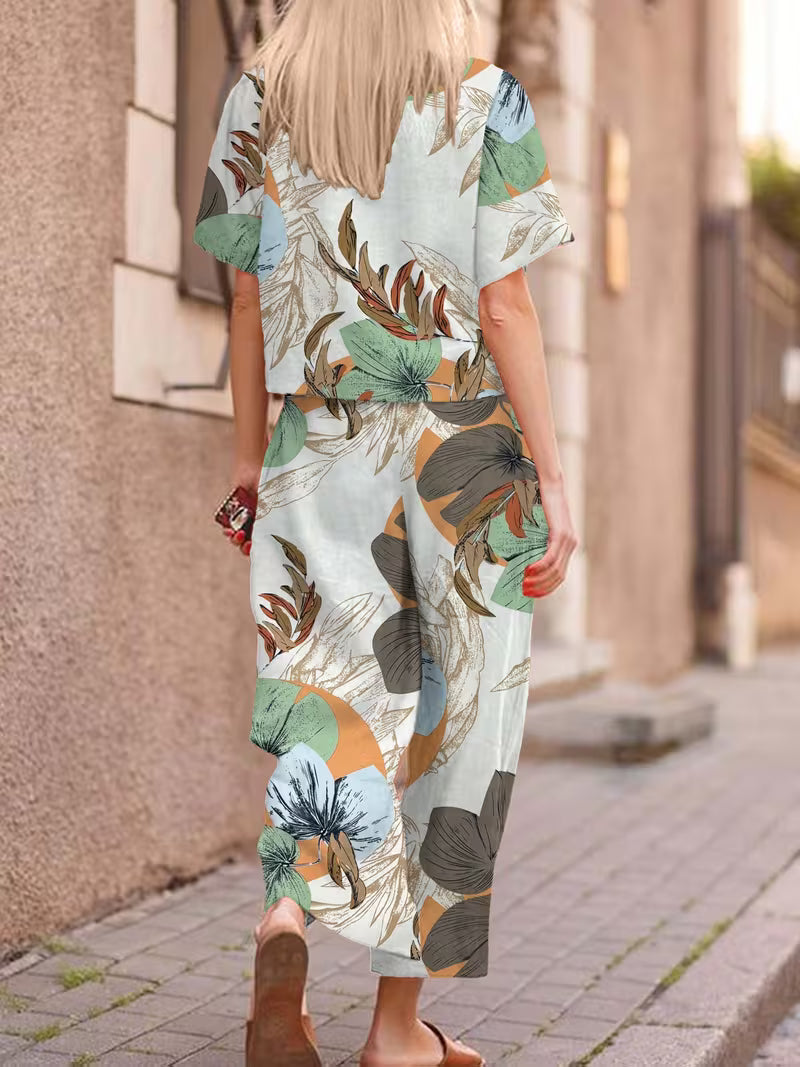 Short-Sleeved Top And Long Pants with Leaf Print for Daily Commute green