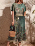ersatile vacation outfit with floral print, round-neck short top and comfortable loose wide-leg pants featuring elastic waistband